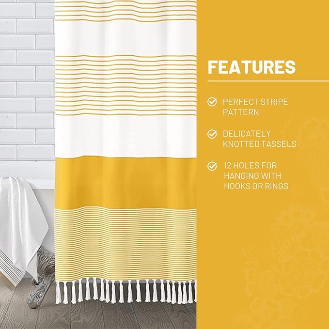 Awellife Boho Yellow Shower Curtain for Bathroom Farmhouse Cotton Stripe Tassel Shower Curtain Natural Texture 72" L x 48" W