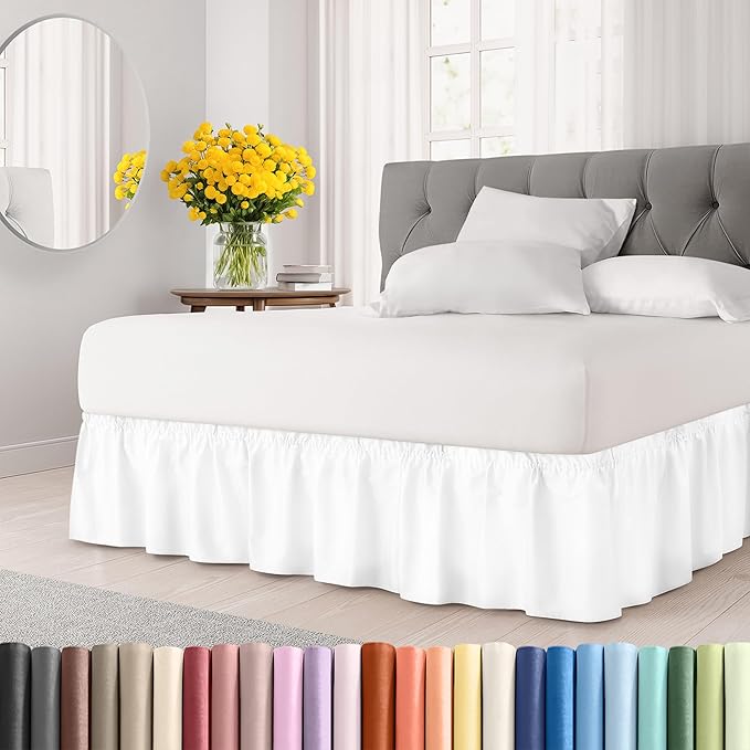 Wrap Around Dust Ruffle Bed Skirt - White - for Full Size Beds with 24 Inch Drop - Easy Fit Elastic Strap - Adjustable Pleated Bedskirt w/Brushed Fabric - Wrinkle Free - for Women, Men, Kids & Teens