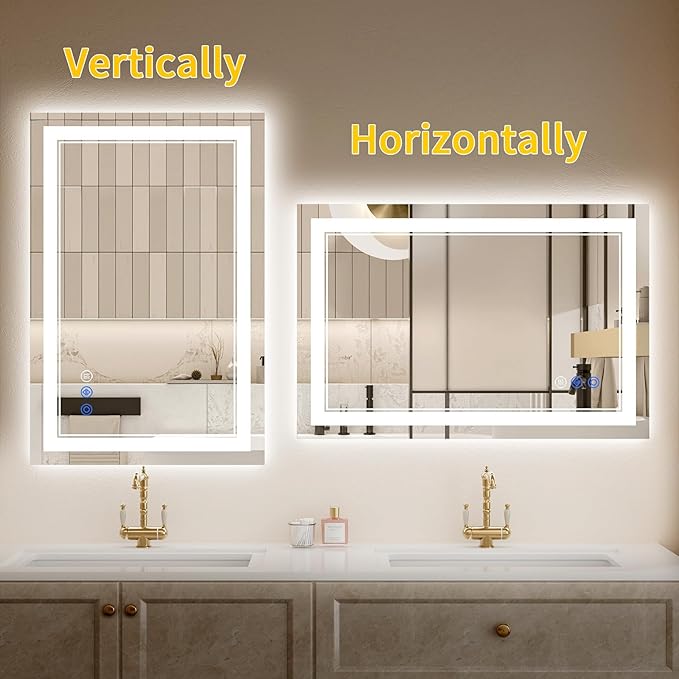 28"x36" LED Bathroom Mirror with Lights, Anti-Fog, Backlit + Front Lit, Dimmable, Led Vanity Mirror for Wall, Lighted Bathroom Mirror, 3 Colors, Shatter-Proof Tempered Glass