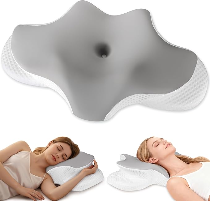 Cervical Neck Pillow for Pain Relief, Ergonomic Contour Pillow for Sleeping, 2 Heights Cooling Pillow for Neck and Shoulder Support, Memory Foam Orthopedic Pillow for Side Back Stomach Sleepers Grey