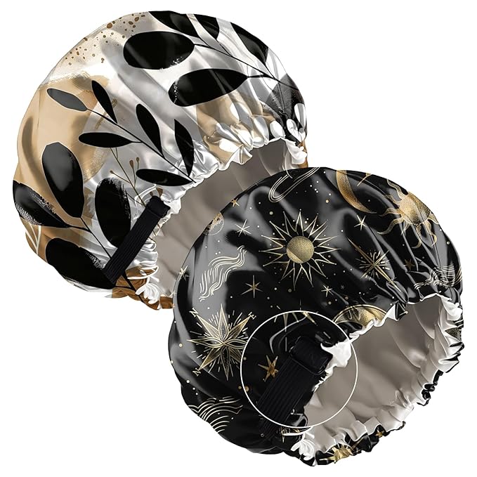 2 PCS Bonnets for Women Girls Satin Hair Bonnet Silk Adjustable Elastic Double Layer Hair Wrap Sleep Cap Comfort Cute-Sun Moon Leaf