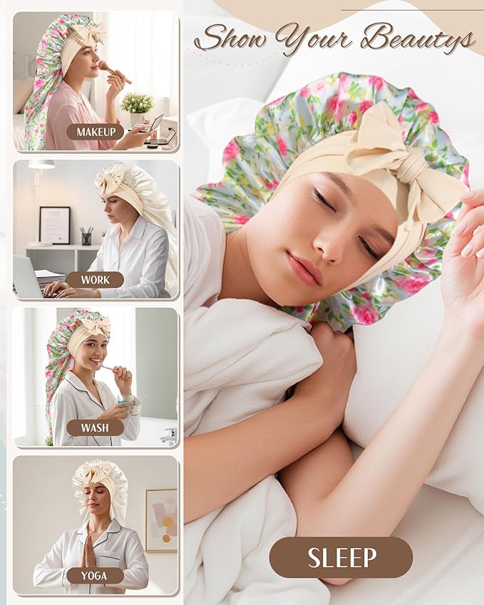 AWAYTR Long Satin Bonnet for Sleeping, Reversible Double Layer Hair Bonnet with Elastic Tie Band (Rose Print+Blue)