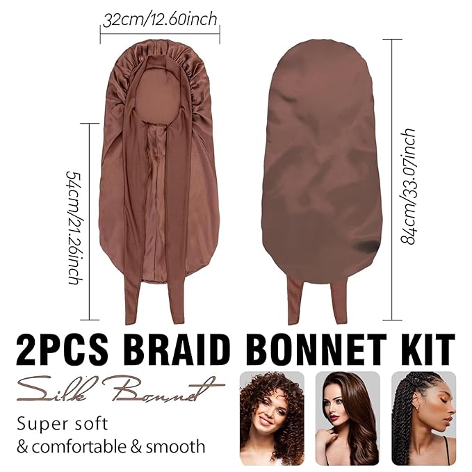 2Pcs Bonnets for Black Women Braid Bonnet, Large Long Satin Bonnet for Braids, Silk Bonnet with Stretchy Tie Band Sleep Cap Hair (2Pcs-Black&Brown)