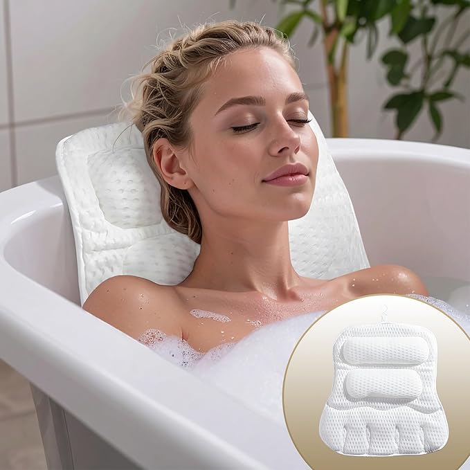Luxury Bath Pillow for Tub, Dual Headrest & Back Support, 4D Air Mesh Quick-Dry Cushion, 10 Strong Suction Cups, Extra-Large Spa Bathtub Pillow Gift for Women(White)