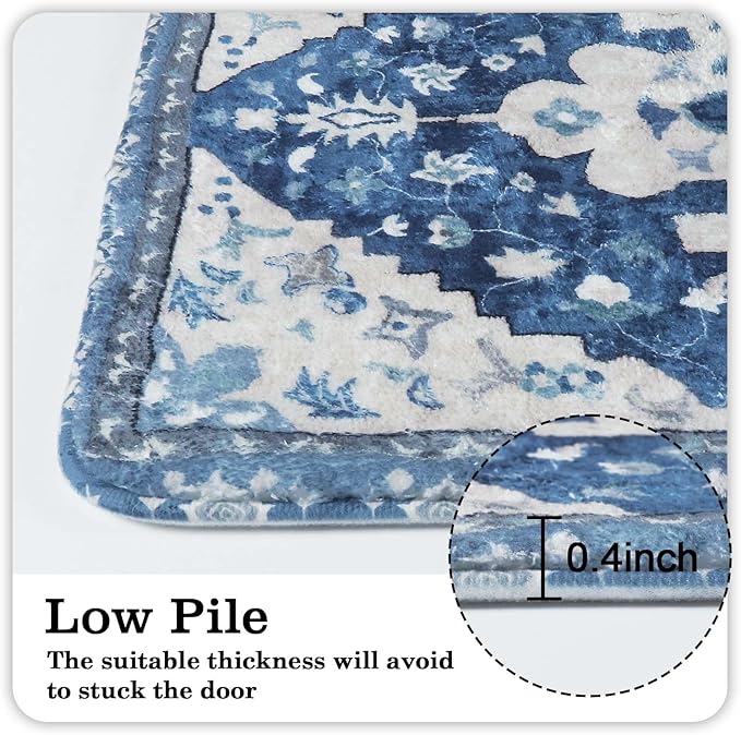 Uphome Boho Vintage Large Bathroom Rugs Blue Non-Slip Soft Hallway Runner Traditional Tribal Machine Washable Bedroom Rug Oriental Floral Aesthetic Floor Mat for Entryway Kitchen Laundry, 24x71 inch