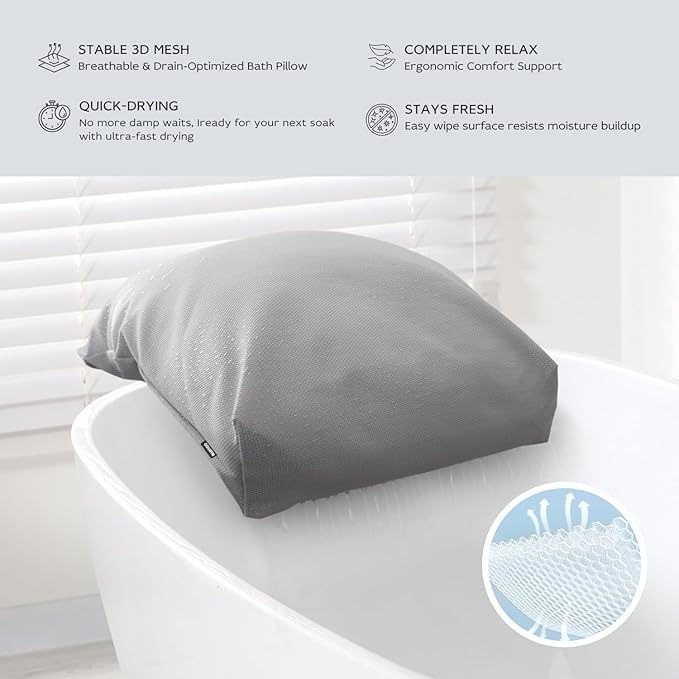 Bath Pillows for Tub Neck and Back Support,Bathtub Cushion backrest headrest Neck Pillow,tub Pillow for Bathtub,3D Mesh Core,Breathable,Quick-Drying,Ergonomic Relaxation,Gray