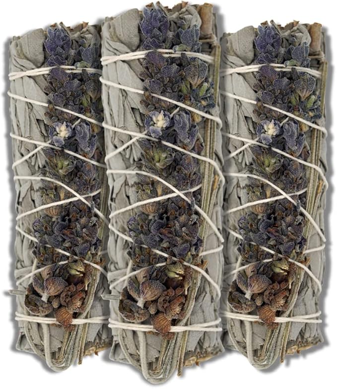 ESPOIR & AMOUR Lavender Sage - 3 Spiritual White Sage & Lavender Smudge Stick for Cleansing Negativity - 4 Inch Hand-Tied Stick