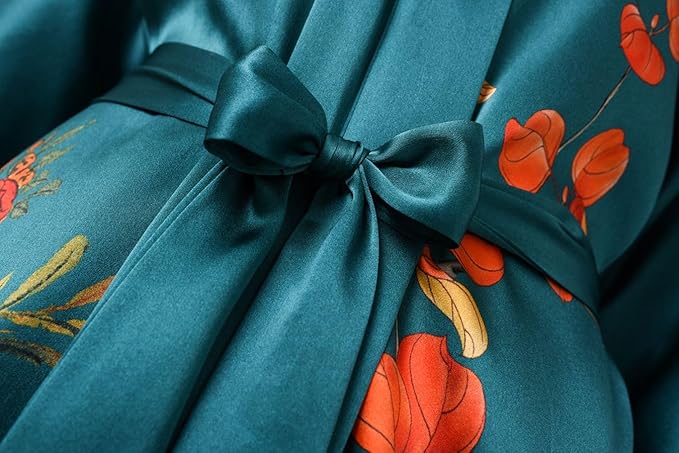 Women's Silk Kimono Robe Long Bathrobe Nightgown 100% Mulberry Silk for Women - Classic Floral Pattern