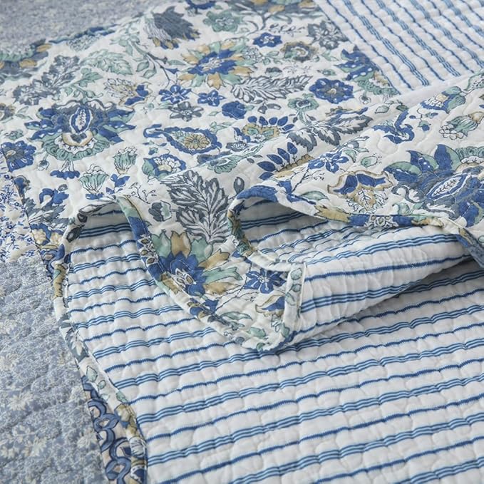 Cotton Bedspread Quilt Bedding Sets 3 Pieces Reversible Coverlet Sets Comforters Vintage Floral Patchwork Blue Bedspread (Blue Vintage Floral, King Size)