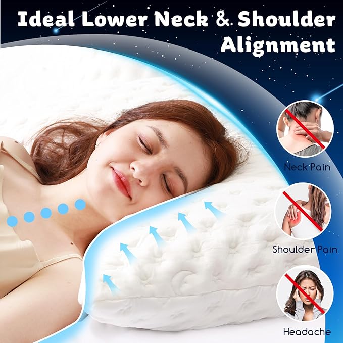 Cooling Side Sleeper Pillow for Neck and Shoulder Pain, Luxury Shredded Memory Foam Curved Bed Pillows for Sleeping Set of 1- Adjustable Queen Size- Washable Cover Original White