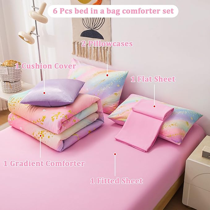 Rainbow Bedding Set Queen Size – 6-Piece Reversible Girls Comforter with Deep-Pocket Sheet, Gradient Galaxy Design, Whole-Piece Filling, Machine Washable Bed-in-a-Bag for Kids Room Makeover & Gifts