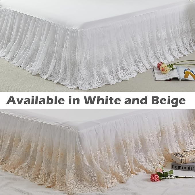Brandream Lace Bed Skirt Queen Size White 18 Inch Drop Romantic Dust Ruffle Split Corners Bed Sheets Cover Excellent Quality