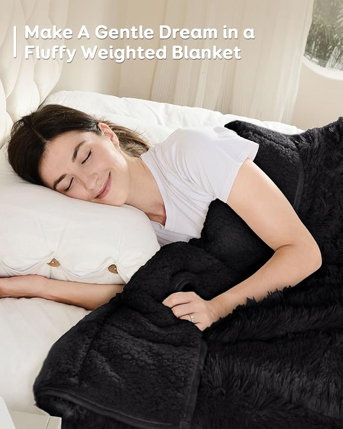 Uttermara Weighted Blanket Queen Size 20 lbs for Adults, Long Shaggy Elegant Faux Fur and Fluffy Cozy Sherpa Reverse Bed Blanket, Thick Plush Throw for Sofa Bed, 60 x 80 inches, Black