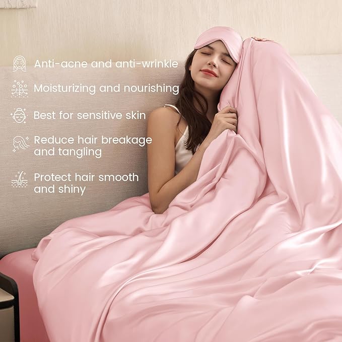 THXSILK 100% Pure Mulberry Silk Duvet Cover Set 3 Piece, 6A+ Grade Luxury Soft Bedding Silk Sheets for Hair and Skin, 1 Pcs Quilt/Comforter Cover with 2 Zippered Pillowcases (Charming Pink, Twin)