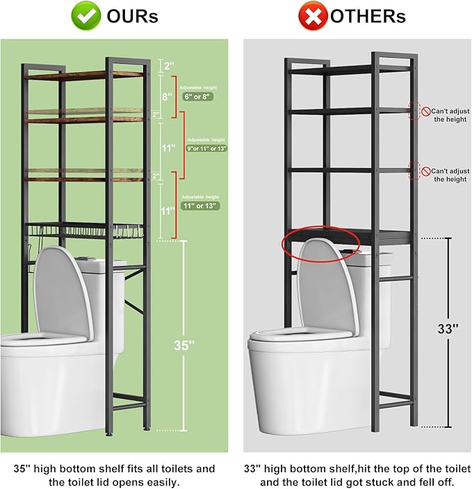 Over-The-Toilet Storage Rack, 4-Tier Bathroom Organizer Shelf Over Toilet with Adjustable Shelf and Basket, Freestanding Space Saver Bathroom Shelves Above Toilet for Room (Vintage Brown)