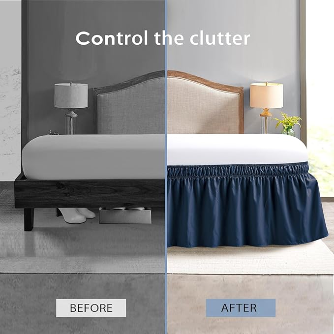 FreshCulture King Bed Skirt, Dust Ruffle for King Size Bed, Easy Fit with 18-Inch Tailored Drop, Elastic Wrap Around Bed Skirt King Size, Hotel Quality Bed Skirts for Adjustable Bed (Navy Blue)