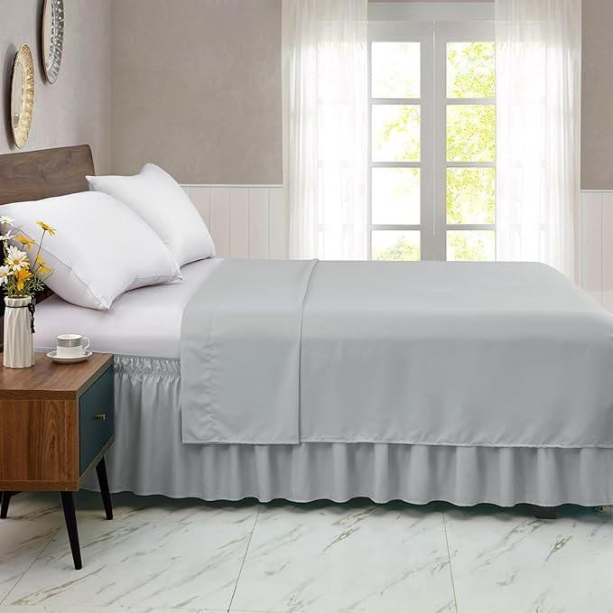 FreshCulture Elastic Wrap Around Bed Skirt - Easy Fit with 15-Inch Tailored Drop, Hotel Quality Dust Ruffle for Full Size Bed (Light Grey)