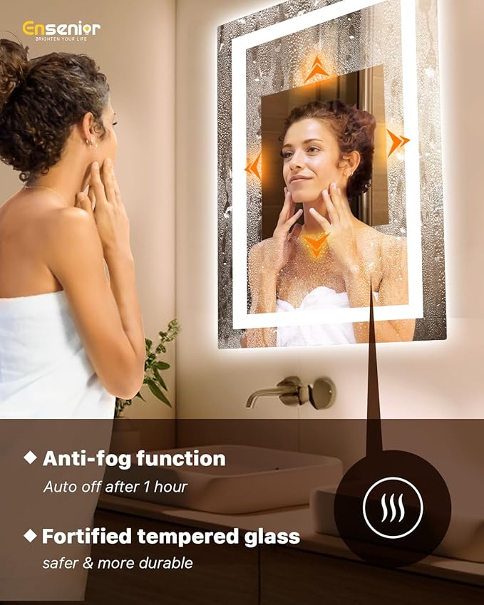 Ensenior LED Bathroom Mirror 30"x 36" with Front and Backlight, Stepless Dimmable Wall Mirrors with Anti-Fog, Shatter-Proof, Memory, 3 Colors, Modern LED Vanity Mirror-FCC