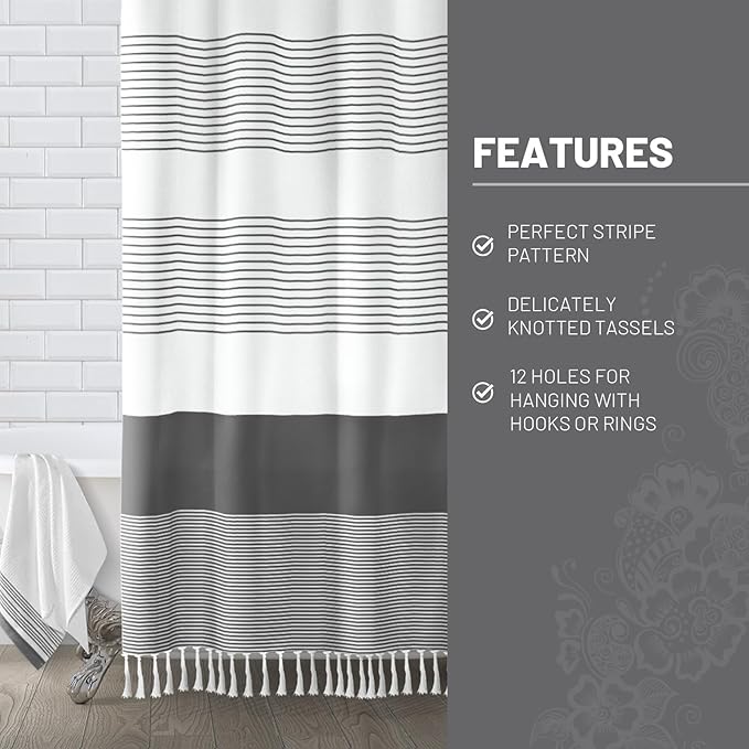 Awellife Gray Shower Curtain for Bathroom Stripe Tassel Shower Curtain 72 X 96 Farmhouse Cotton Boho Dark Grey
