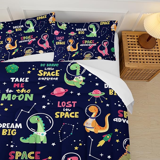 Dinosaurs in Space Full Comforter Set，Full Size Bedding Set for Boys Dinosaurs，with 1 Comforter with 2 Pillow Case