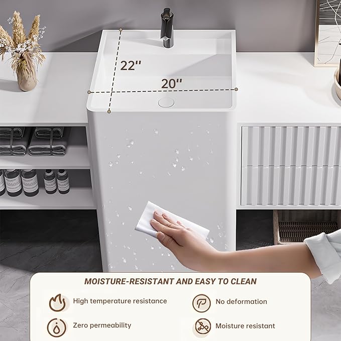 100Inch Freestanding Sink Bathroom Vanity, Wall-Mount Bathroom Cabinet with Open Storage and Striped Drawers, Solid Wood Bathroom Vanity with Smart Defog Mirror and Spacious Rock Plate Countertop