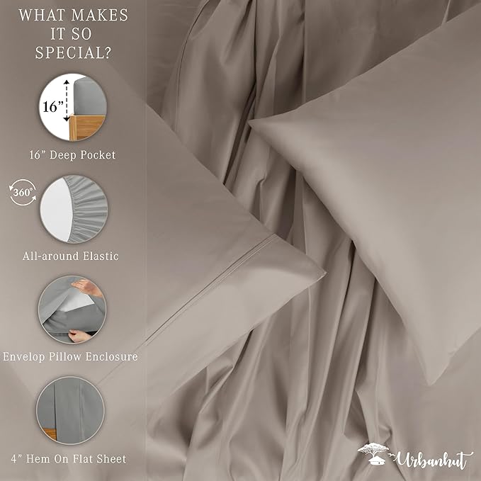 URBANHUT 1000 Thread Count Egyptian Cotton Sheets Queen Size, Long Staple Soft & Breathable, 4 Pc Bed Sheet Sets, Luxury Hotel Sateen Sheets Fits 16" Deep Pocket - Dark Grey