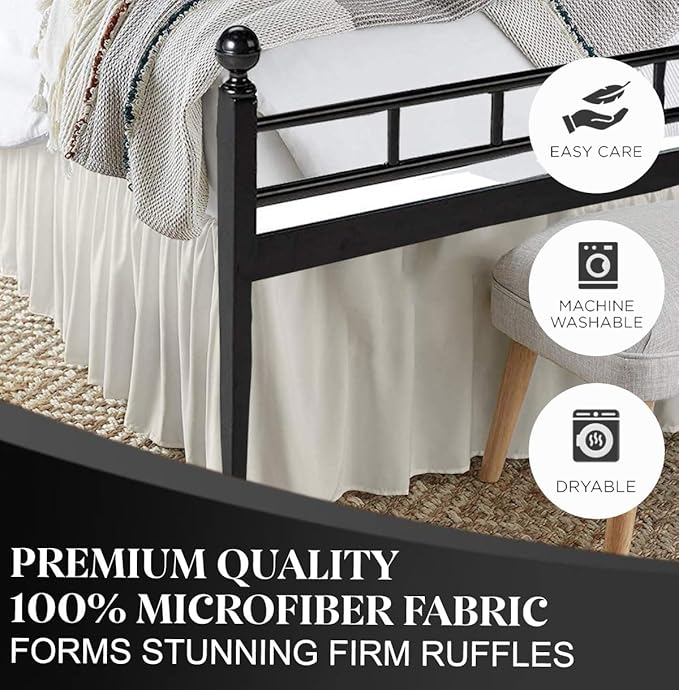 Ruffled Bed Skirt with Split Corners, Ivory, Queen 14 Inch Drop Bedskirt, Hotel Quality Brushed Microfiber Wrinkle Free Dust Ruffle Bed Skirt Queen Size