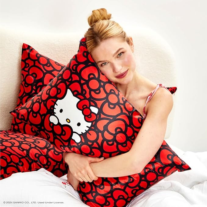 Kitsch x Hello Kitty Sea of Bows - Satin Pillowcase with Zipper for Hair and Skin, Softer Than Silk, Smooth Cooling Pillow Covers, Machine Washable - Queen/Standard Size (19x26)