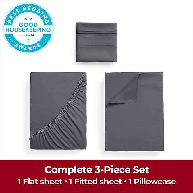 Mellanni Extra Deep Twin Sheets - 3 PC Iconic Collection Bedding - Hotel Luxury, Ultra Soft, Cooling Bed Sheets - Wrinkle, Fade, Stain Resistant (Twin, Gray)