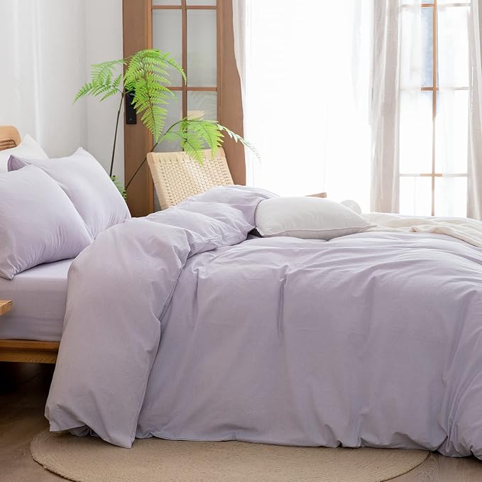 BESTOUCH Duvet Cover Set 100% Washed Cotton Linen Feel Super Soft Comfortable Chic Lightweight 3 PCs Home Bedding Set Solid Taro Purple Super Queen