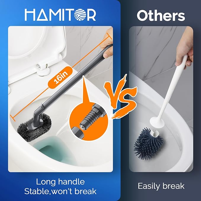 HAMITOR Toilet Plunger Bowl Brush Combo：Heavy Duty Rubber for Drain Clog Remover - Curved Design Bristles for Deep Cleaning Under Rim - Compact Bathroom Cleaning Tools for New Homet Essentials -Gray