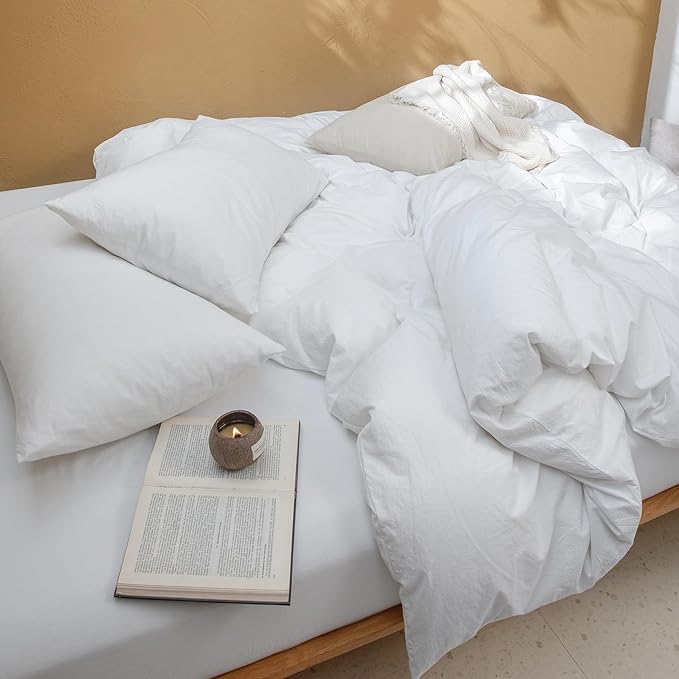 FOSSA Duvet Cover Set 100% Washed Cotton Linen Feel Super Soft Breathable Cozy 3 Pieces Bedding Sets Solid Bright White King