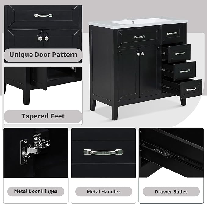 Favfurish 36" Bathroom Vanity with Sink Combo,Bathroom Vanity Cabinet with Two Soft-Closing Doors and Four Drawers,Free Stading Vanities w/Modern Design,for Bathroom,Easy Assembly,Black