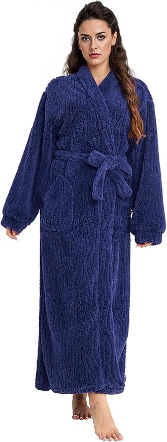 Artfasion Womens Long Fleece Robe - Warm Soft Floor Length Flannel Bathrobes for Winter Thicker Long House Coat with Pockets