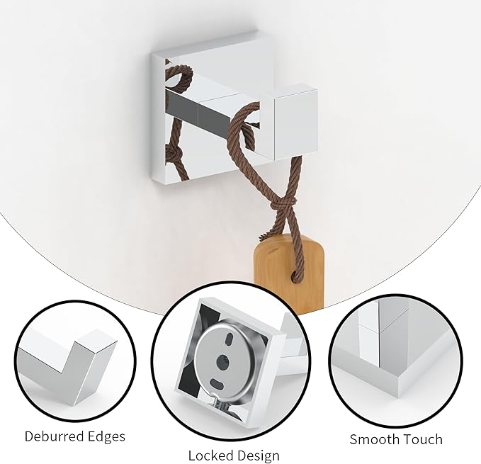 Ruacq Towel Hooks for Bathrooms, 2pcs Square Base Robe Coat Clothes Hook Wall Mount, SUS 304 Stainless Steel Wall Hooks for Hanging, Heavy Duty(Chrome)