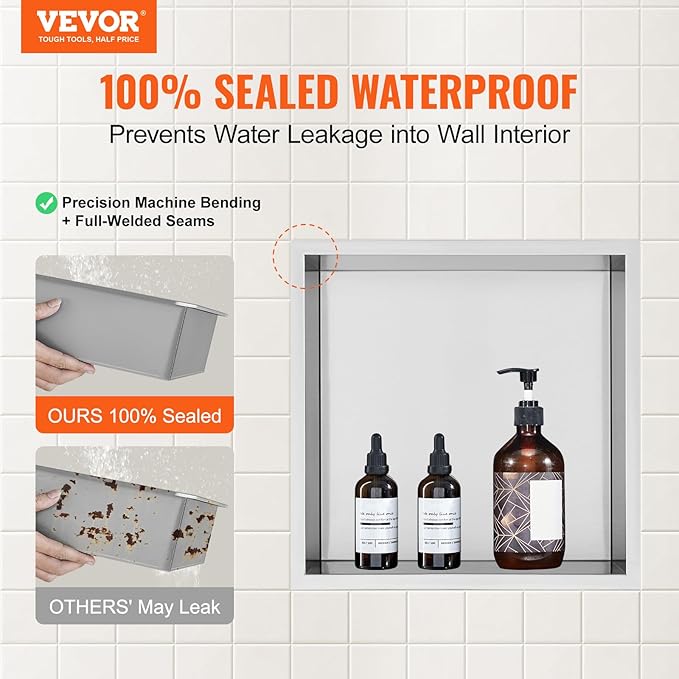 VEVOR Shower Niche No Tile Needed, Stainless Steel Niche for Shower Wall, Sealed Waterproof Rust-Resistant Bathroom Niche for Storage, 13x13'' Single Shelf