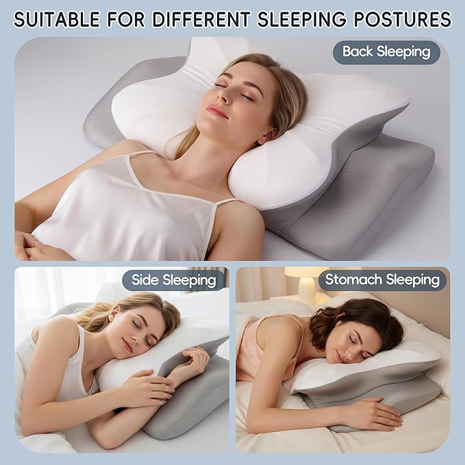Cervical Neck Pillow, Ergonomic Side Sleeper Pillow for Pain Relief, Cooling Pillow for Sleeping, Neck and Shoulder, Contour Orthopedic Memory Foam Pillows for Back Stomach Sleepers White Grey