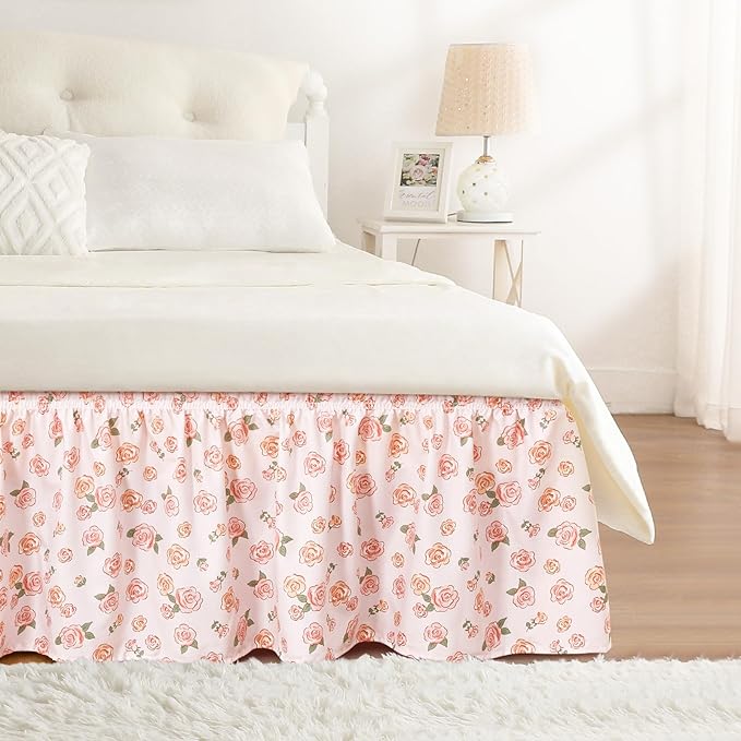 RIMELA Pink Rose Floral Bed Skirt Queen Size 15 Inch Drop, Elastic Bed Skirting for Bed Frame, Bedding Dust Ruffle Easy to Install, Lightweight Wrap Around Adjustable Bedskirt