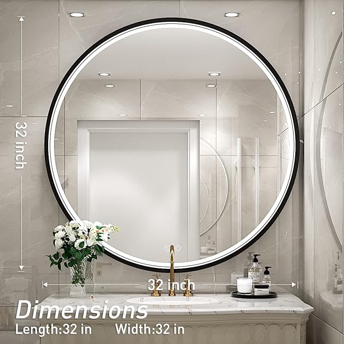 32" Round LED Bathroom Mirror, Dimmable Anti-Fog Vanity Mirror with Touch Control, 6000K Natural Light, Black Metal Frame, Wall Mounted for Makeup Shaving (IP54, 90+ CRI)