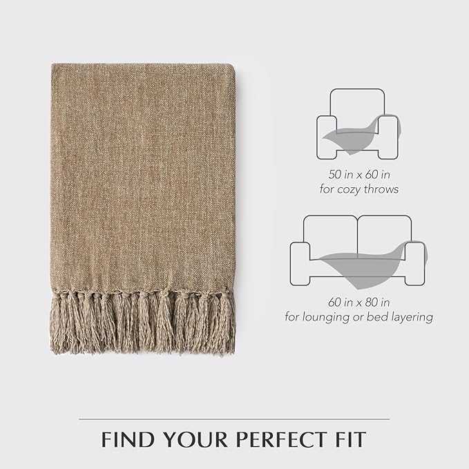 EVERGRACE Soft Chenille Throw Blanket for Couch, Cozy Plush Fuzzy Decorative Chenille Knit Throw Blanket with Tassels, Lightweight Blanket and Throws for Bed Sofa Gift Home Decor, Beige 50"x60"
