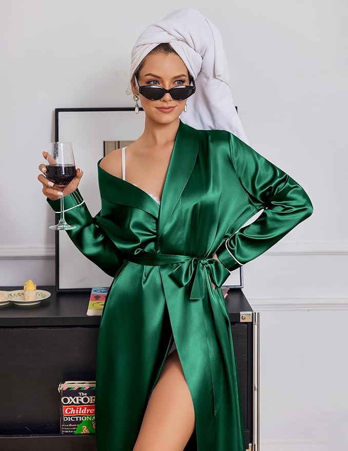 Ekouaer Silk Robes for Women Shawl Collar Satin Bathrobe Long Bride Wedding Party Robe Lightweight Sexy Sleepwear S-XXL