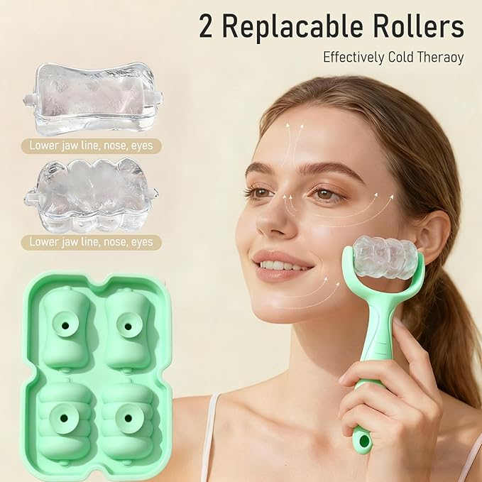 Ice Roller for Face Women Replaceble Rollers + Reusable 2 in 1 Silicone Facial Eyes Ice Cube Mold Set, Body Message Stick Holder for Reduce Puffiness Relief Shrink Pores Anti Wrinkle Skin Care, Green