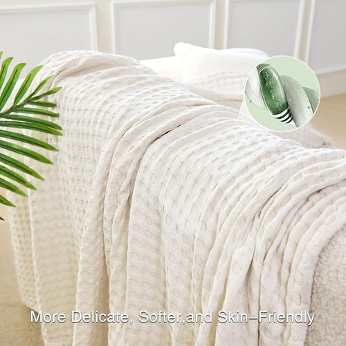Aganear Waffle Blanket - Lightweight Breathable Summer Blanket of 50% Cotton and 50% Rayon Derived from Bamboo for Hot Sleepers Luxury Throws for Bed, Couch and Sofa,Beige,90x90 Inches
