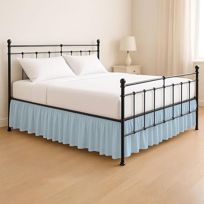 KRISHNA Ruffled Bed Skirt with Split Corners Twin, 100% Microfiber Hotel Quality, 28 Inch Drop Dust Ruffle Gathered Bedskirt with Platform, 39" x 75", Light Blue