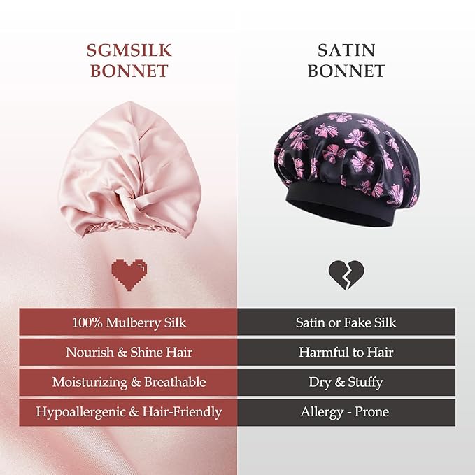 Silk Bonnet for Sleeping Women, 100% Mulberry Silk Sleep Cap with Elastic Band, Real Mulberry on Both Sides, Soft Pink