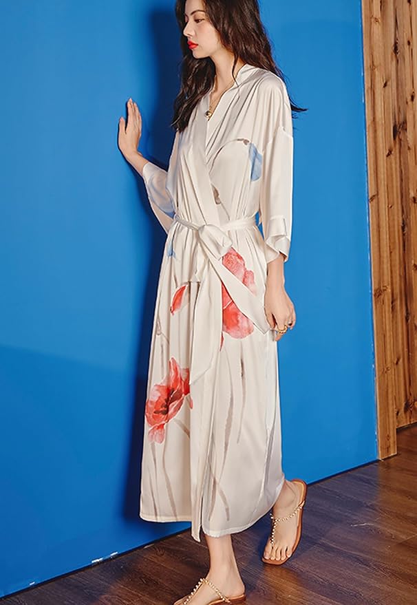 Silk Satin Robe for Women Long Japanese Kimono Robe Lightweight Soft Bathrobe Floral Luxury Dressing Gown