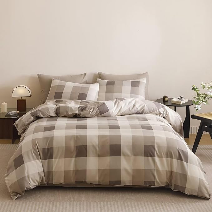 Cottonight Checkered Khaki Comforter Set Cal King Gingham Grid Bedding Set Khaki and Cream Coffee Grid Comforter Fluffy Soft Blanket Quilts Modern Cottagecore Comforter California King Bed