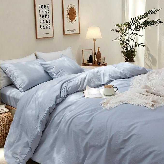 FOSSA Duvet Cover Set 100% Washed Cotton Linen Feel Super Soft Breathable Cozy 3 Pieces Bedding Sets Solid Cornflower Blue Full