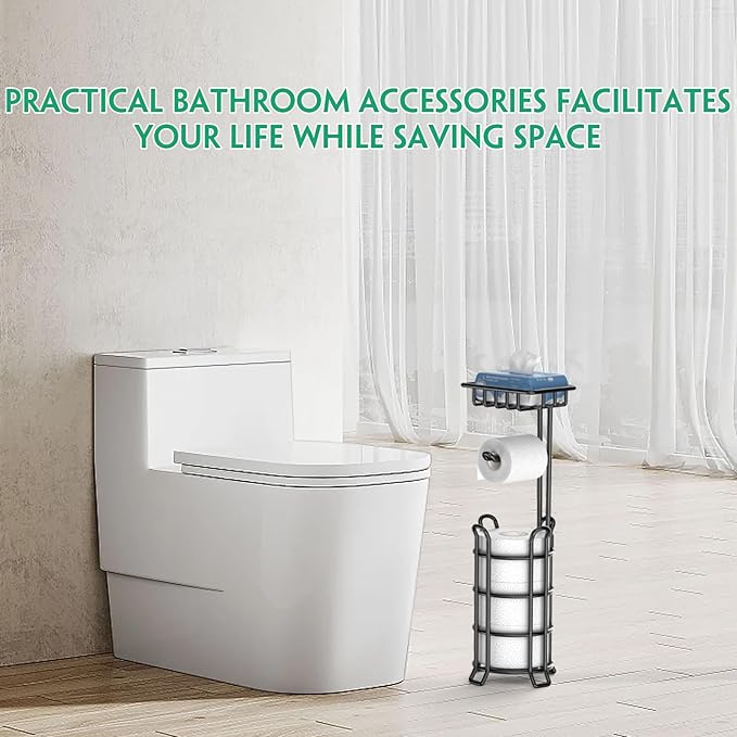 TomCare Toilet Paper Holder Stand with Shelf Free Standing Toilet Paper Roll Holder with Toilet Paper Dispenser Sturdy Metal Tissue Holder Storage Shelf for Bathroom Black
