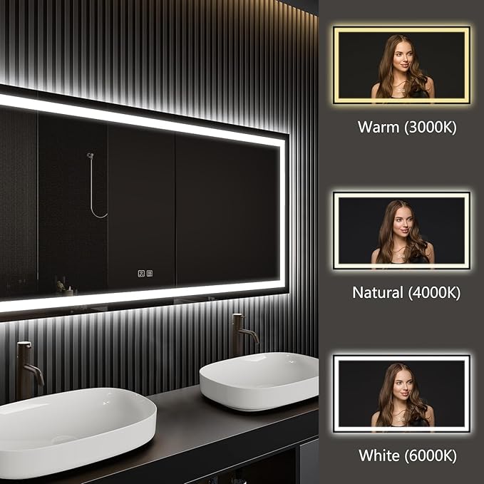 APRILSOUL 60x28 Inch LED Bathroom Mirror with Front and Backlit, Makeup Mirror with 3 Color Lights, Memory Function, Anti-Fog and Dimmable Light (Horizontal)
